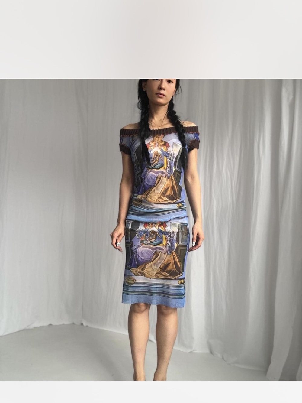 -vintage jean paul gaultier mesh print religious Printed Art Panel Midi dress